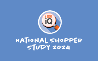 a blue background with a magnifying glass and the words national shopper study